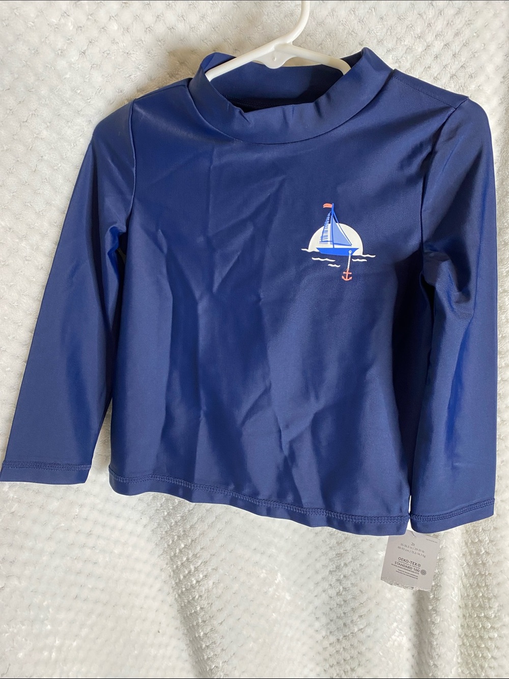 Navy Blue Long-Sleeve Kids Swim Rashguard shirt with Sailboat